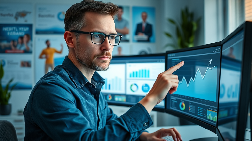 professional SEO specialist reviewing analytics for Auckland small business marketing, business niches nz, digital marketing posters, upward graph