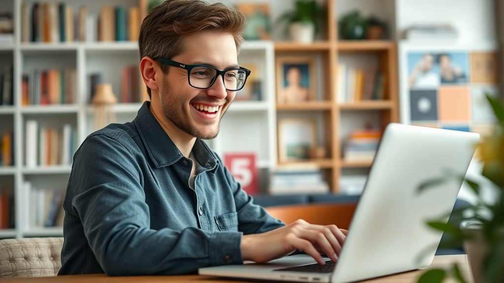 dynamic blogger creating content about Auckland business trends, enthusiastic, typing on laptop, bookshelves, content marketing, business niches nz
