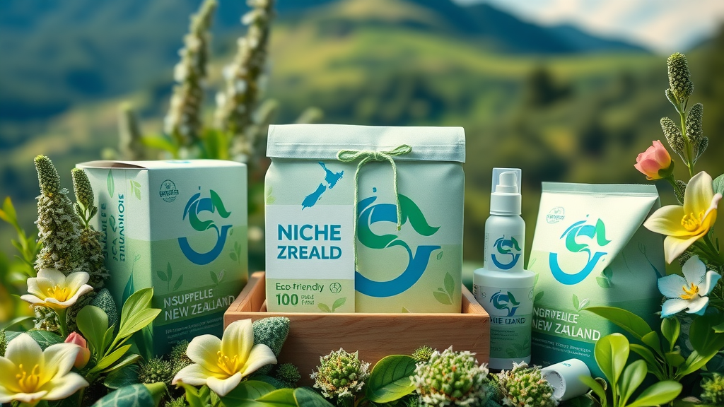striking visual branding for a niche New Zealand small business, imaginative logo, eco-friendly packaging, lush NZ landscape, business niches nz