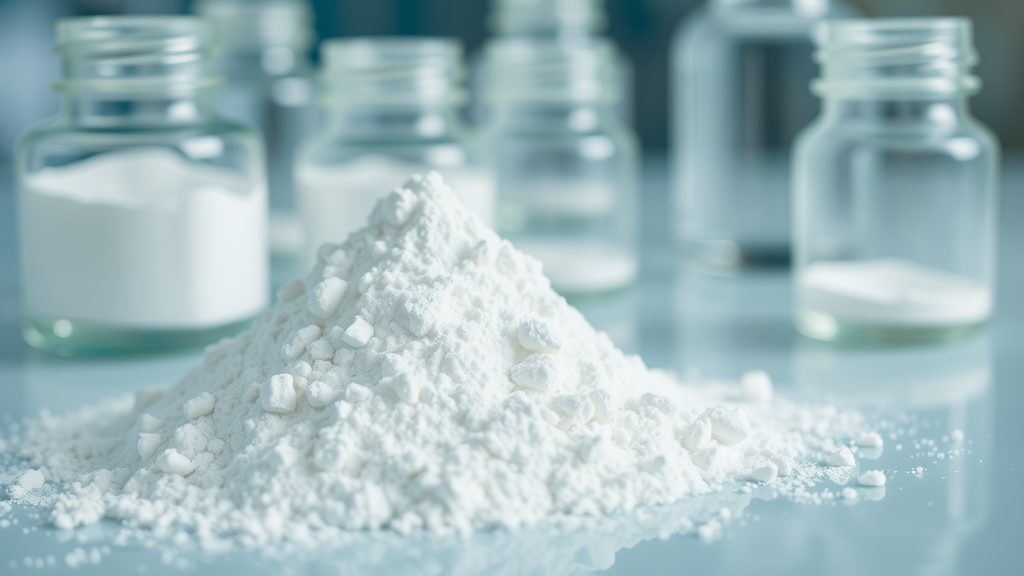 macro closeup of pure collagen peptides powder and molecular model in a laboratory setting