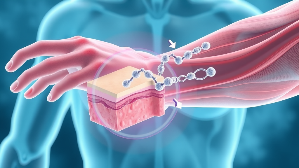 scientific illustration showing collagen peptides integrating into human skin and muscle tissue, pathways of absorption visualized