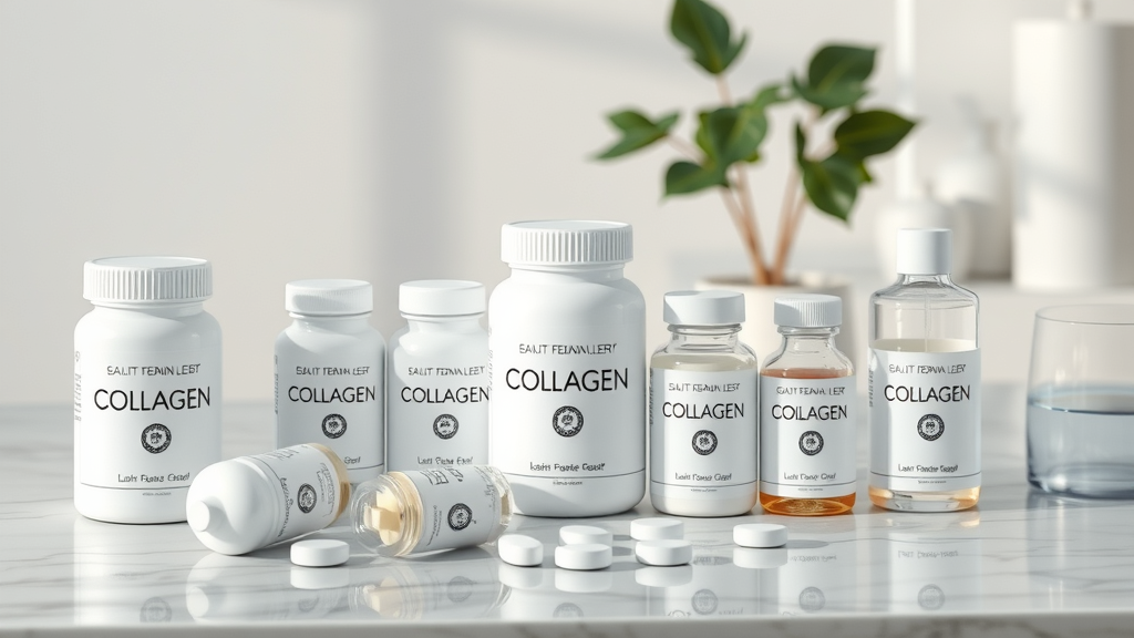 variety of collagen peptide products including powder, capsules, and liquid supplements displayed on a marble counter