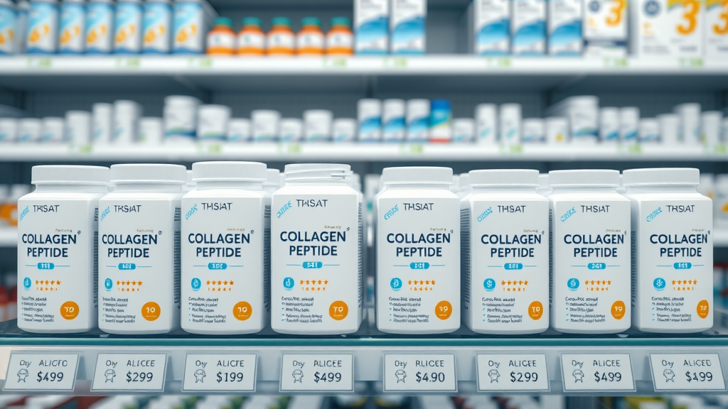 different collagen peptide product packages with labeled prices and consumer ratings in a retail setting