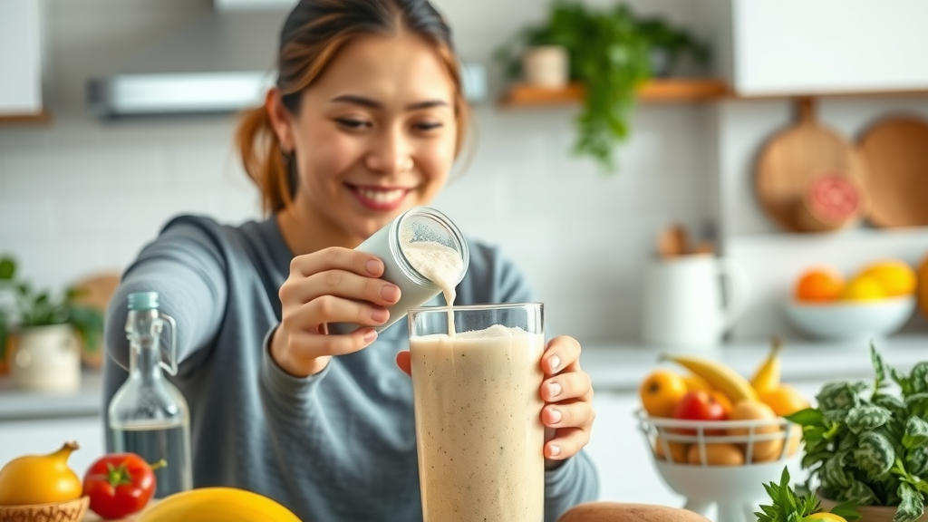 person adding collagen peptide powder to smoothie in modern kitchen with fresh foods
