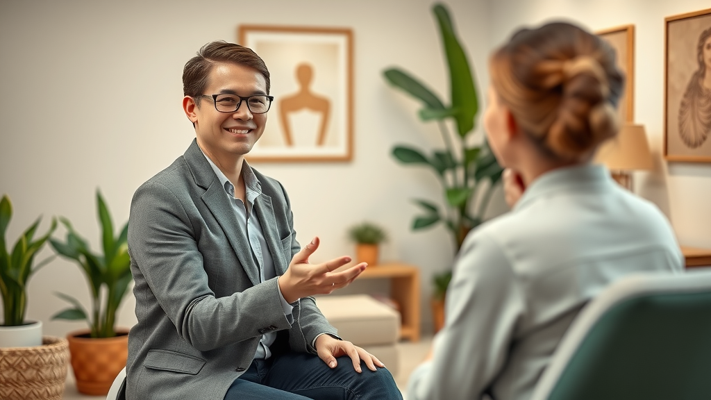friendly wellness consultant ready to guide your collagen peptides journey in a cozy modern office