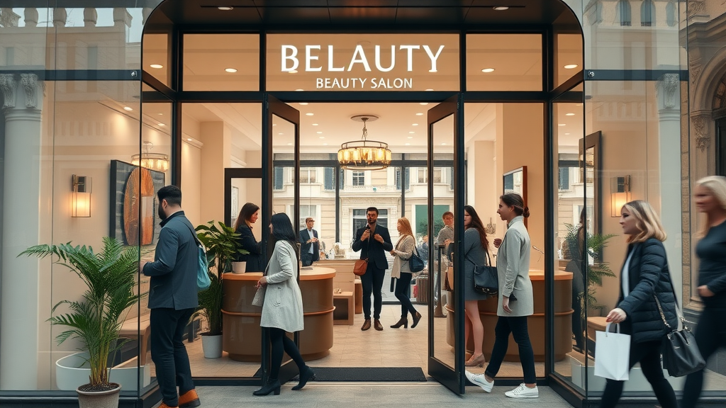 Elegant exterior of a modern London beauty salon with a friendly receptionist welcoming diverse clientele - london beauty treatment