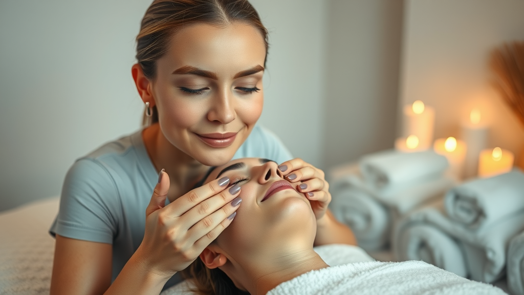 Refined beauty therapist performing facial treatment in minimalist luxury London spa treatment room - facial treatment and beauty treatments