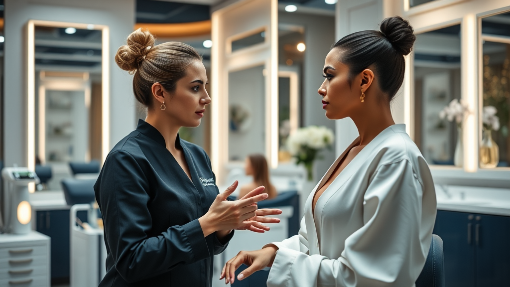 Sleek, modern London treatment room with advanced beauty devices and expert beautician consulting with client - treatment room and skin care
