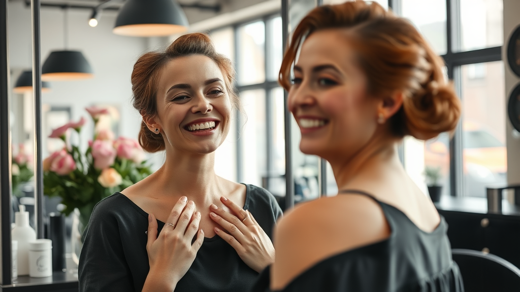 Joyful client admiring reflection after beauty treatment in chic London salon - beauty treatment and hair and beauty