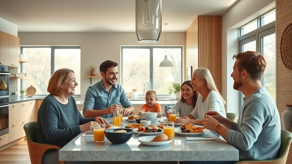 luxurious contemporary fitted kitchen renovation with family enjoying time together, open-plan, natural wood and stone features, morning light, Perfect Fit Kitchens &amp; Interiors