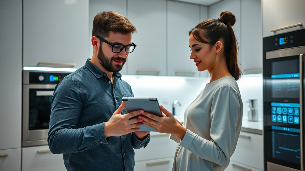 fitted kitchen with smart appliances, digital controls, modern couple, integrated technology, Perfect Fit Kitchens &amp; Interiors