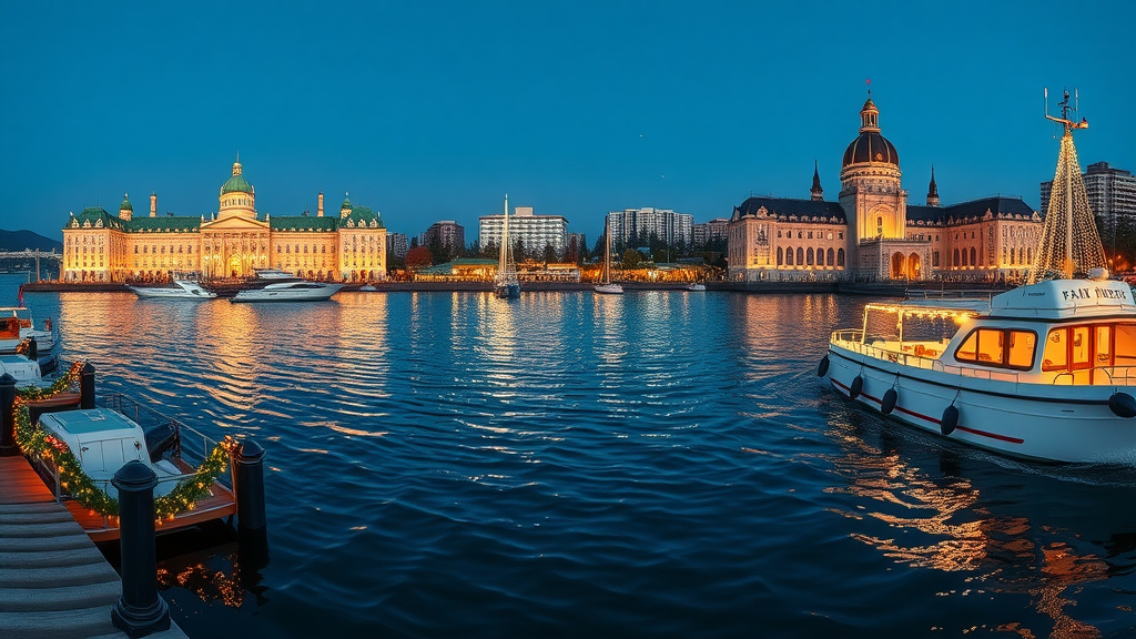 Victoria Inner Harbour at Christmas with Empress and Parliament lit up festively