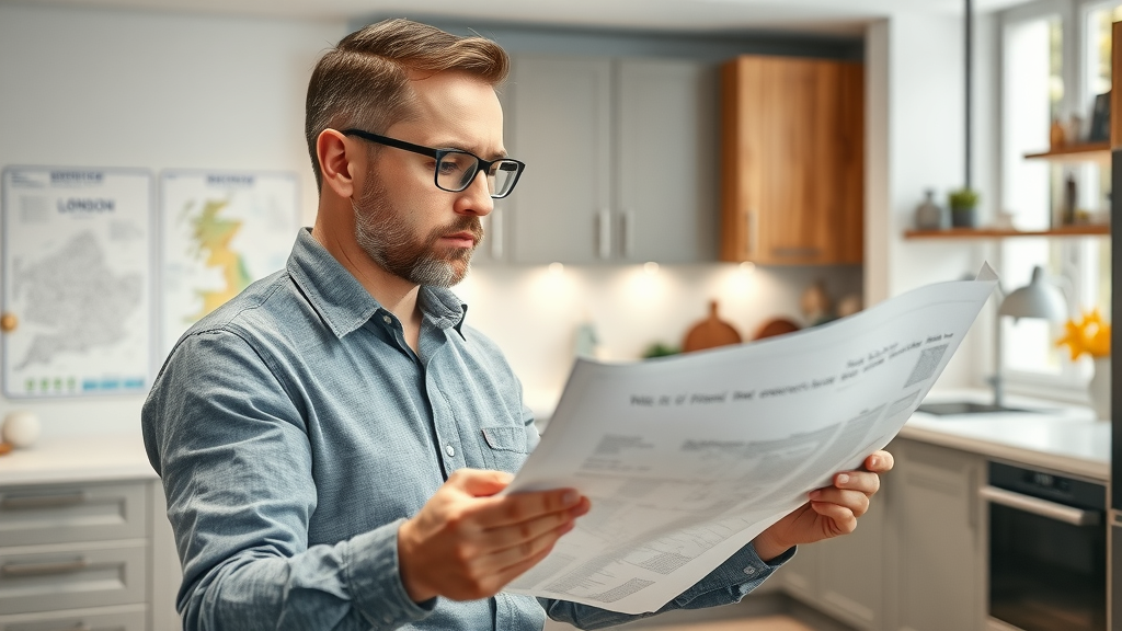 Modern kitchen design plan for fitted kitchen renovations London, with a designer reviewing blueprints in a workspace with London maps and digital schematics