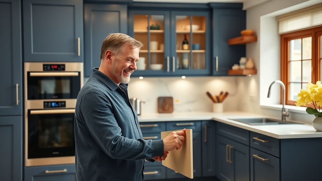 Upscale London fitted kitchen with smart appliances and satisfied homeowner inspecting new cabinets, featuring premium finishes for kitchen renovation