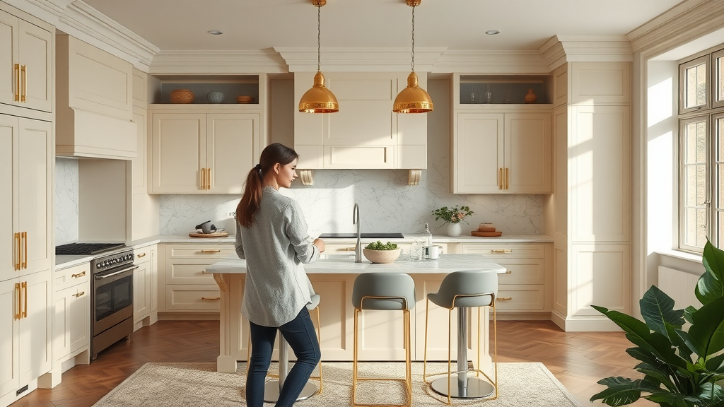Elegant bespoke kitchen in London with luxury finishes, statement lighting, and custom cabinetry, perfect for fitted kitchen renovations