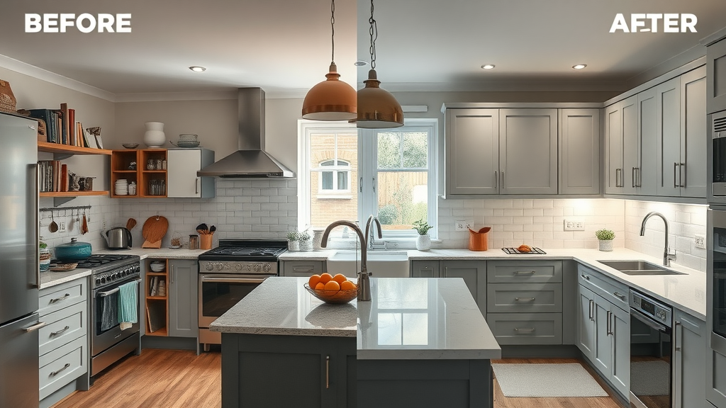 Stunning side-by-side before and after of a London kitchen makeover for fitted kitchen renovations London, showing outdated and modern renovated space
