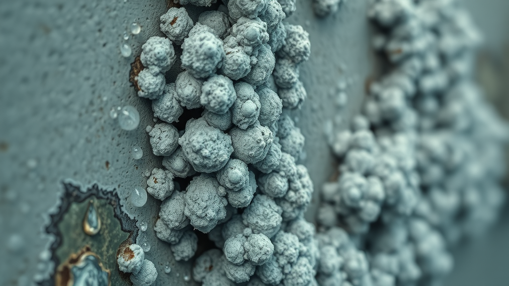Detailed micro-view of mold spores on damp drywall in a water-damaged interior corner, photorealistic, condensation on mold, high realism, subdued blue-grey-green palette, ambient backlighting.