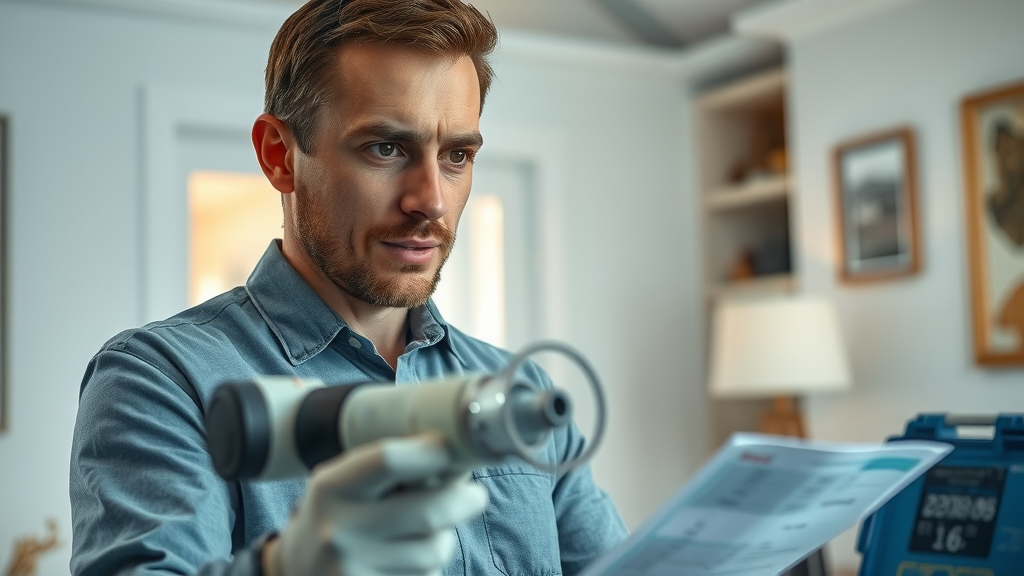 Professional mold inspection in progress—Certified technician using advanced equipment to test for mold in a clean home, background includes testing device and sampling kit, papers and air quality sensor, realistic detail, accentuated blues and whites, soft lighting.