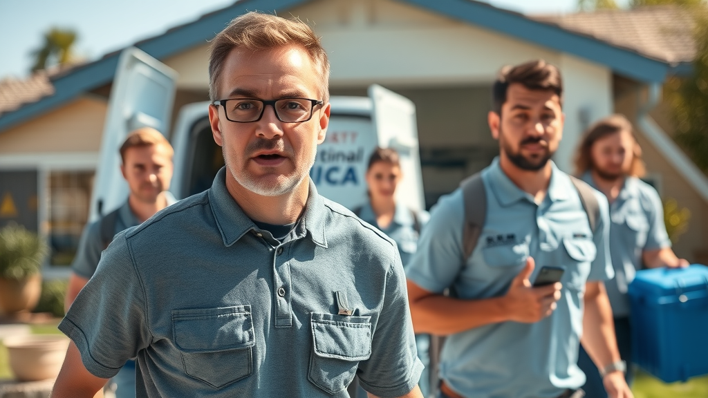 Quick emergency mold response—Professional team arrives at a suburban Santee Ca home, restoration van outside, team unloading gear, natural detail, white and blue palette, bright California sunlight.