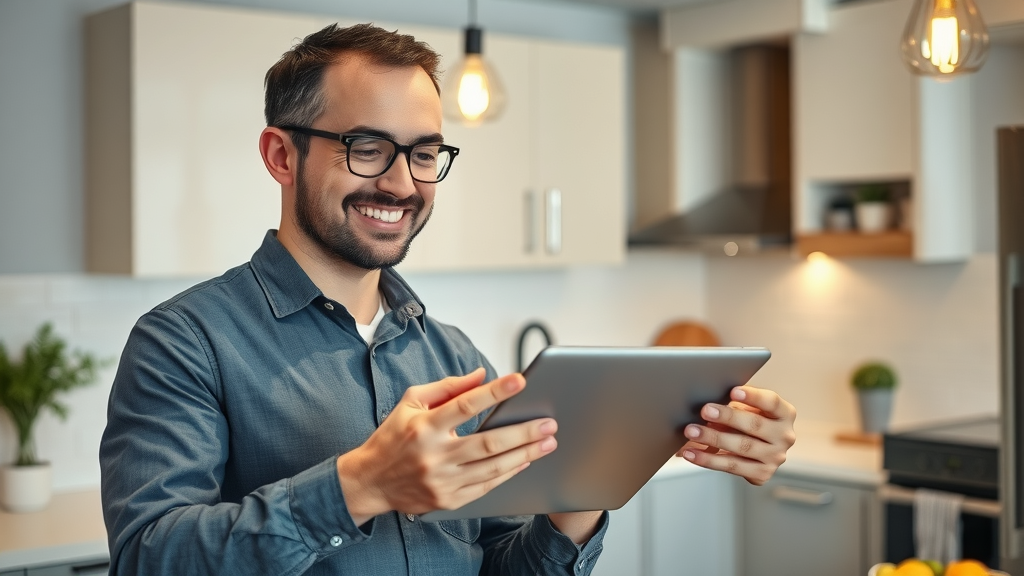 Skilled mold removal specialist consulting homeowner—Technician discusses testing results on a tablet, cozy modern kitchen, cleaned surfaces, tablet glowing, clear textures, soft neutral palette, under pendant lighting.