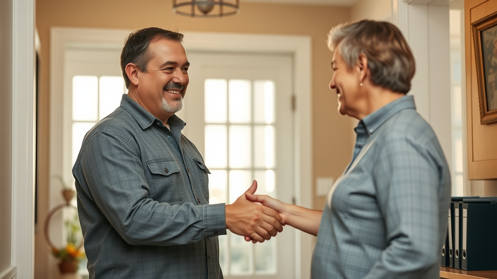 Trustworthy mold remediation company upfront discussion—Professional shakes hands with homeowner inside home, organized files and visible estimate form in background, sunlit foyer, minor action of handshake, high definition, golden and earthy palette.