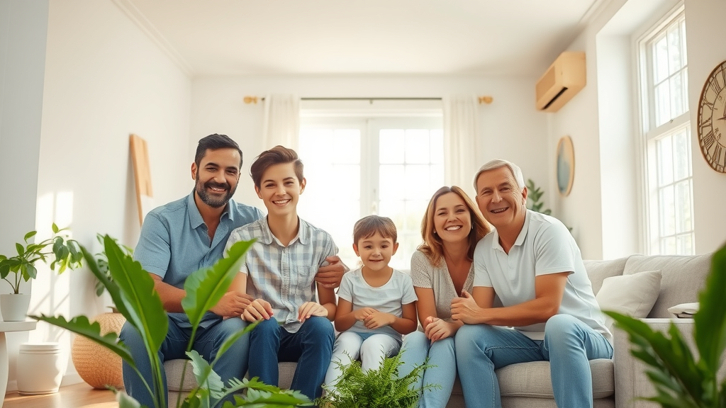Mold-free, healthy indoor environment after remediation—Cheerful, relieved family gathered in sunlit living room, photorealistic, open-concept home, air purifier, green plants, visible ventilation, vivid whites and greens, bright daylight.