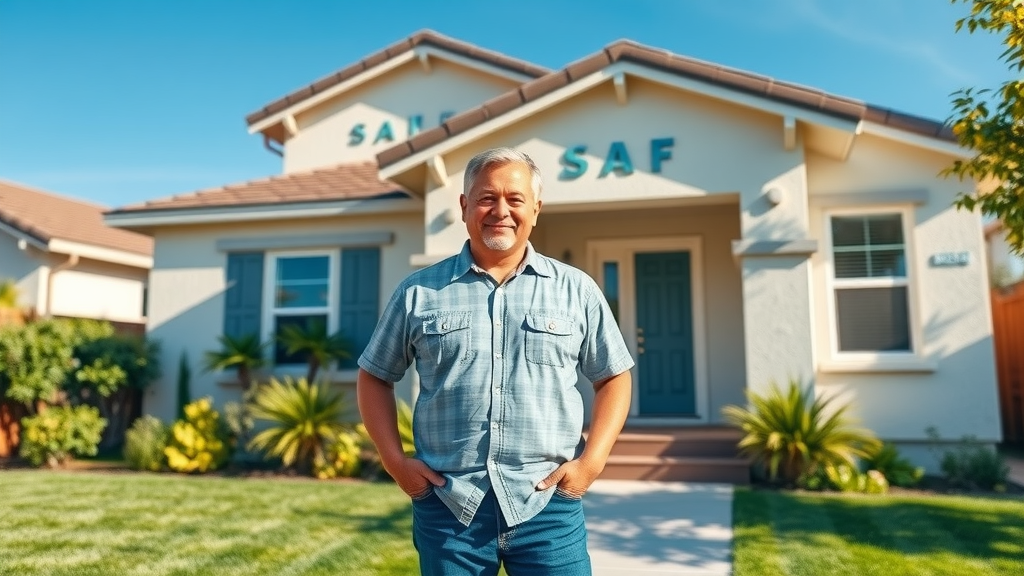 Modern Santee Ca home exterior, safe and restored—Homeowner stands proudly outside renovated home, photorealistic, clear blue sky, lush landscaping, clean facade, bright midday sunlight.