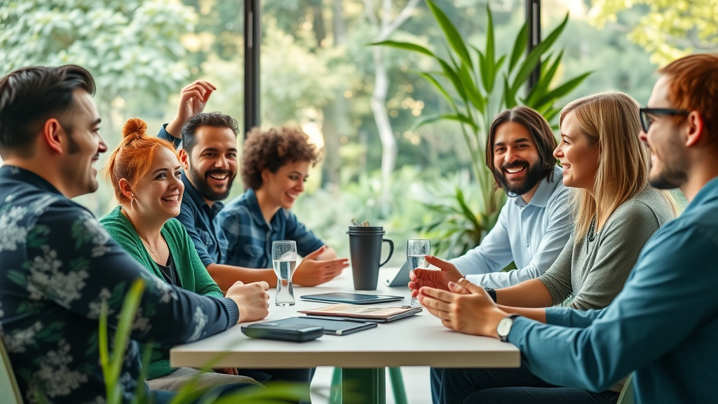 Vibrant collaborative New Zealand business meeting with local creators and small business owners discussing kiwi thrive marketing plans in a bright, modern workspace with lush greenery visible outside.