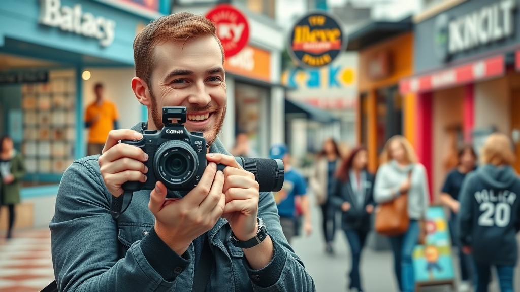 Engaging New Zealand influencer creating promotional kiwi thrive marketing content for a local business in bustling urban Auckland.