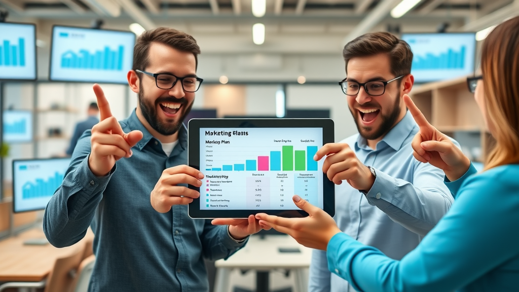 Business owners comparing Kiwi Thrive marketing plan tiers via digital tablet displaying features and pricing, in a modern startup office.