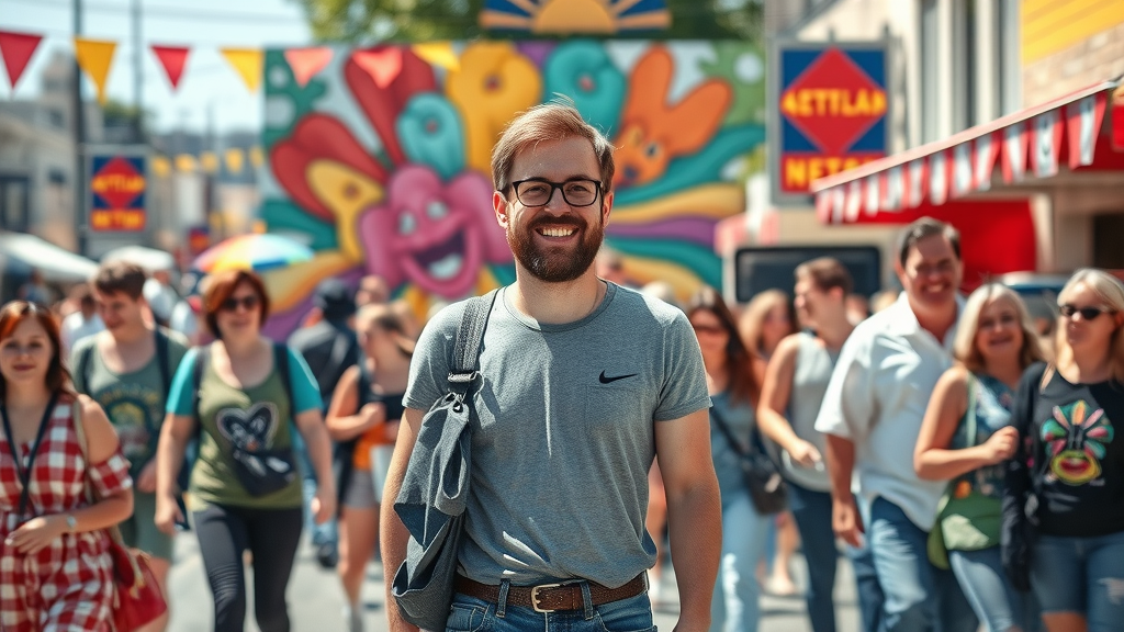 Cheerful Wellington artist celebrating Kiwi Thrive marketing success with community at a vibrant local street fair.