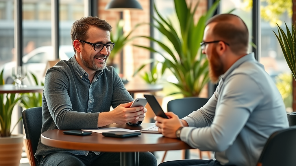 Kiwi marketing consultant discussing Kiwi Thrive marketing plans with a small business owner in a sunlit New Zealand café.