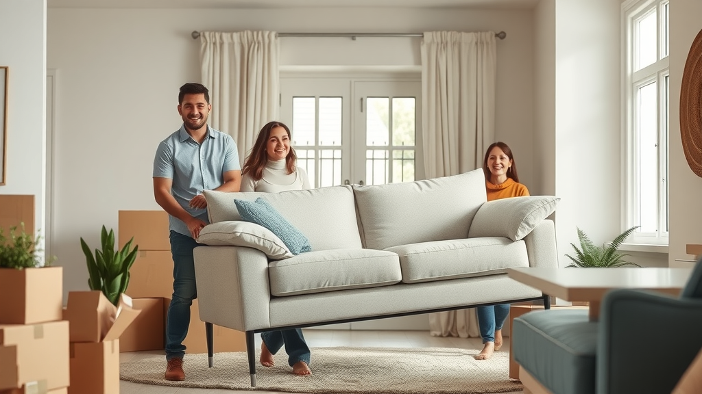 modern living room with packed furniture, professional movers carrying sofa, sunlight, boxes, packing materials, calm people, photorealistic — furniture shipping near me