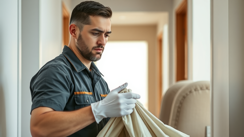 professional mover with gloves carefully unwrapping luxury armchair, photorealistic, modern hallway — white glove delivery service for furniture shipping near me