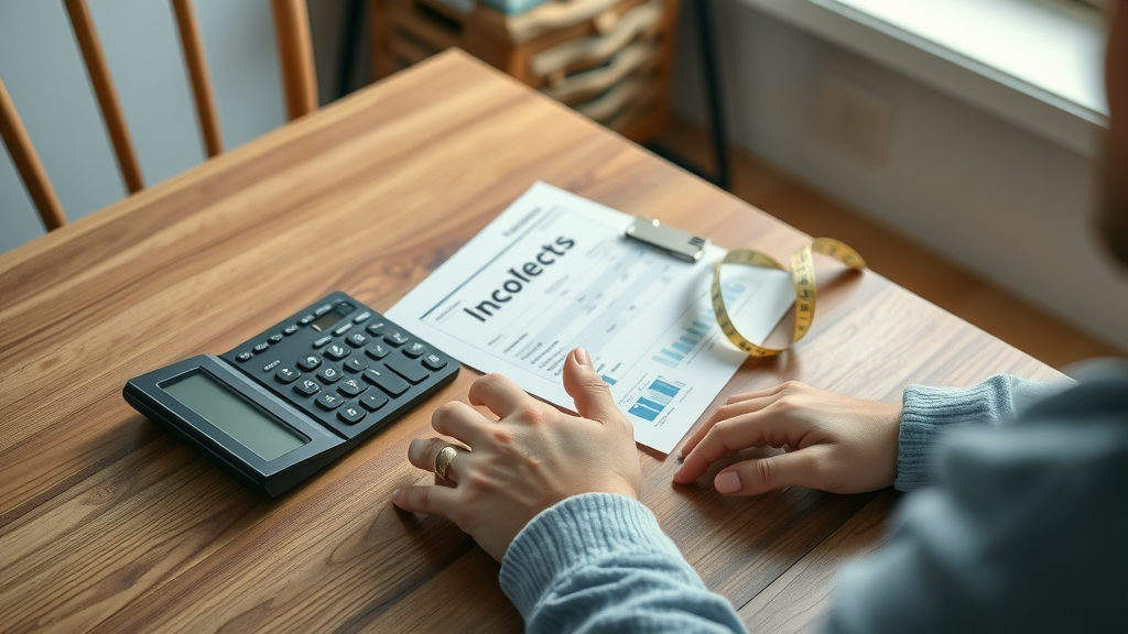 calculator, invoices, measuring tape, calm hands, packed furniture, reviewing shipping costs, wood grain, photorealistic — estimating local vs out-of-state furniture shipping