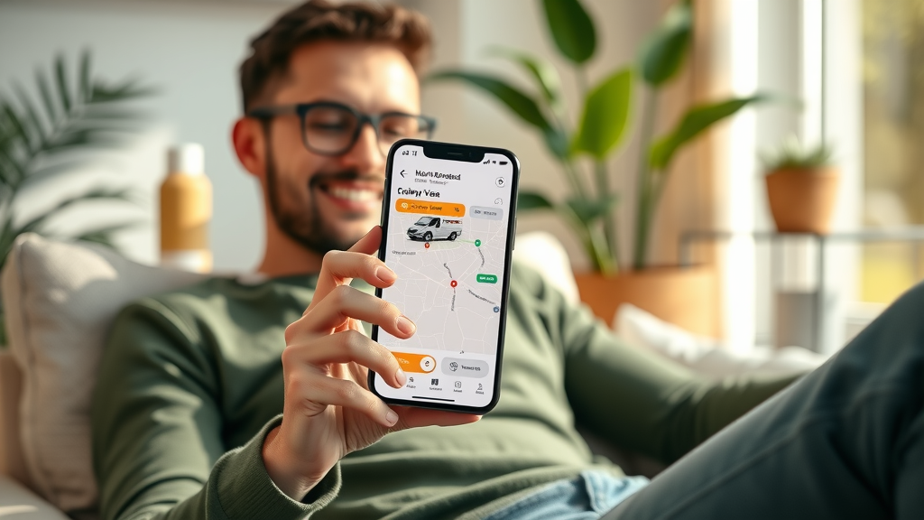 mobile phone displaying tracking app, furniture delivery in progress, satisfied customer, cozy living room, photorealistic — real-time shipping updates for furniture shipping near me