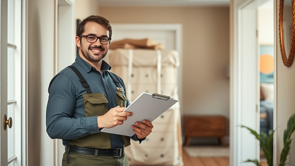 professional mover with clipboard beside wrapped antique dresser, checking labels, friendly smile, protective blankets, photorealistic — secure handling by furniture shipping company