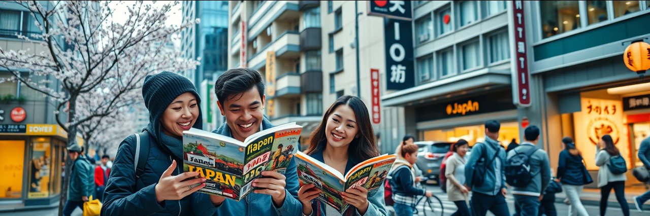 Travelers with Japan travel guide at cherry blossom-lined Tokyo street in spring.