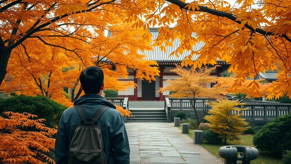 Japan travel guide: traveler admires autumn foliage in Kyoto