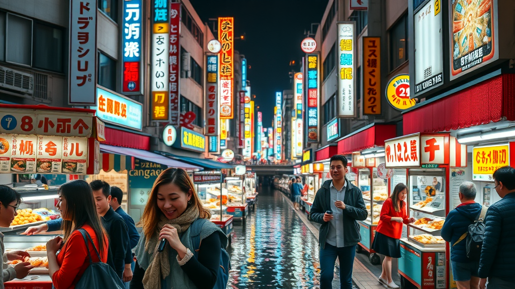 Japan travel guide: Dotonbori Osaka street food and neon-lit canal at night.