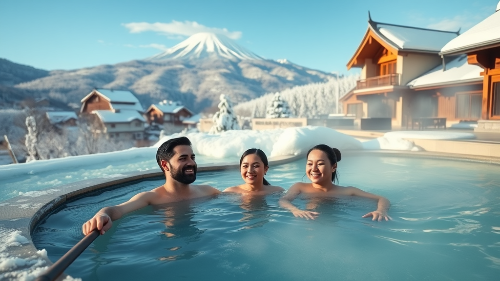 Japan travel guide: Hakone onsen with mountain and Mount Fuji winter view.
