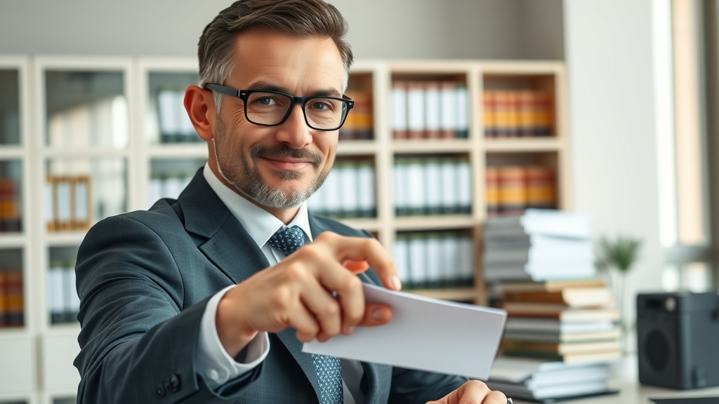 Notary public near me validating documents in a modern office with a confident, professional demeanor.