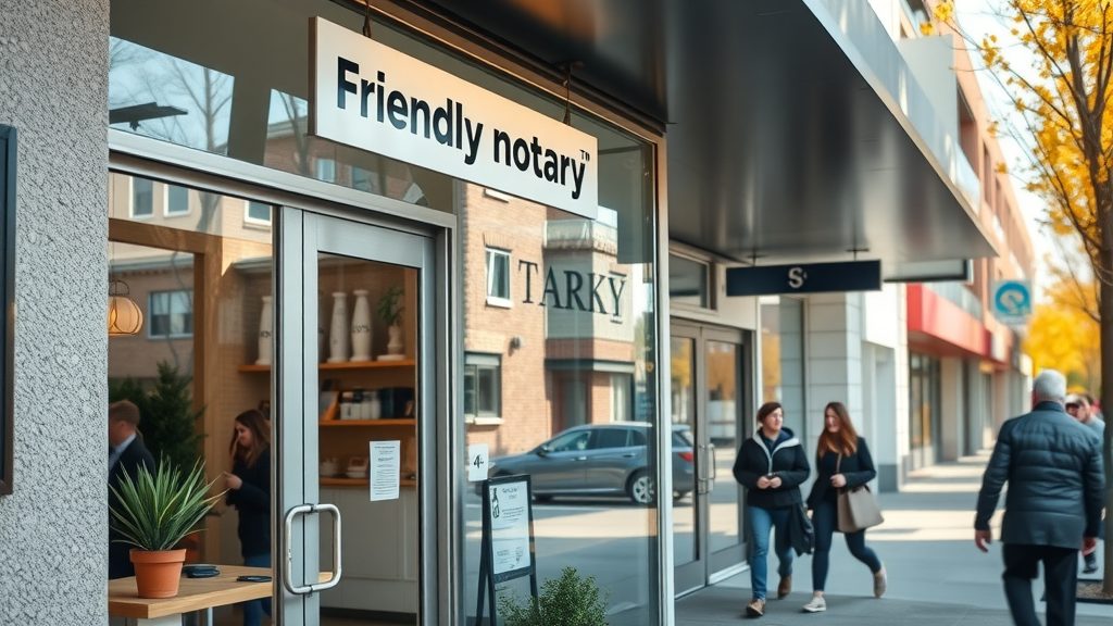 Modern notary public near me storefront with friendly signage and local business atmosphere.