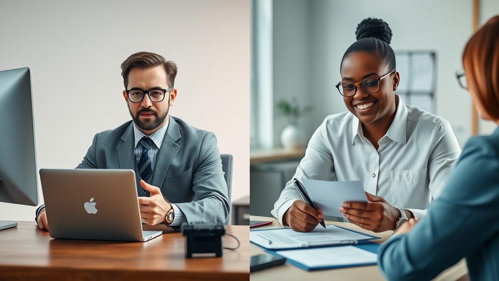 Split screen comparison: online notary video call versus traditional in-person notary public near me, highlighting pros and cons.
