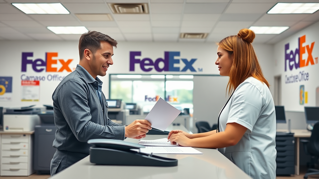 FedEx Office notary public assisting customer at modern notary service counter, reinforcing convenience and professionalism.