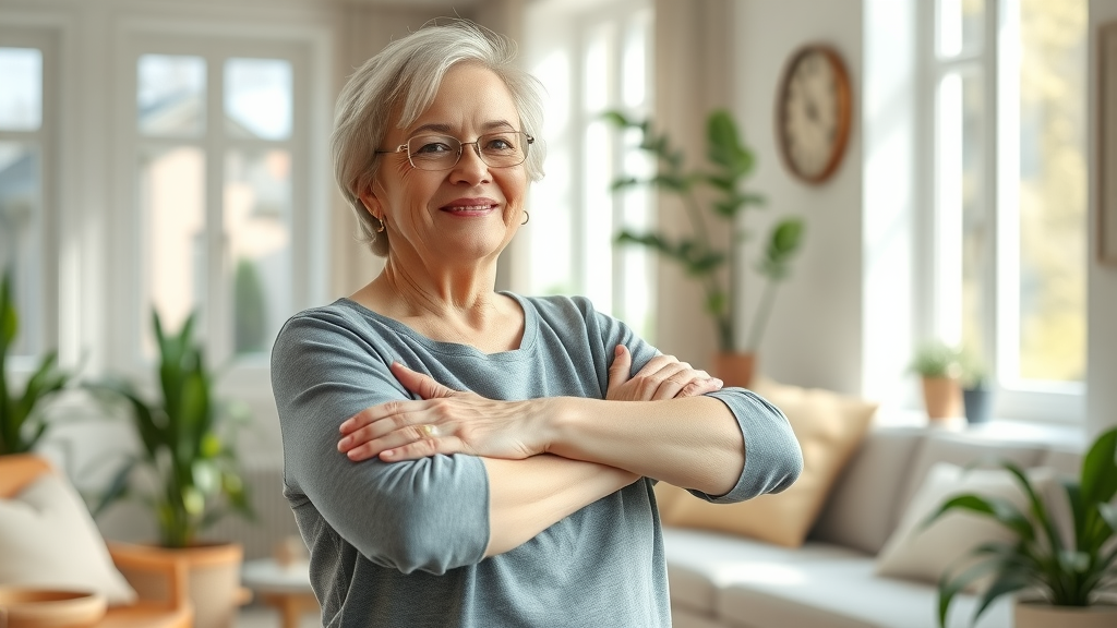 Empowering, active middle-aged woman with rheumatoid arthritis smiling and stretching arms in sunlit living room. Exercises to manage rheumatoid arthritis pain.