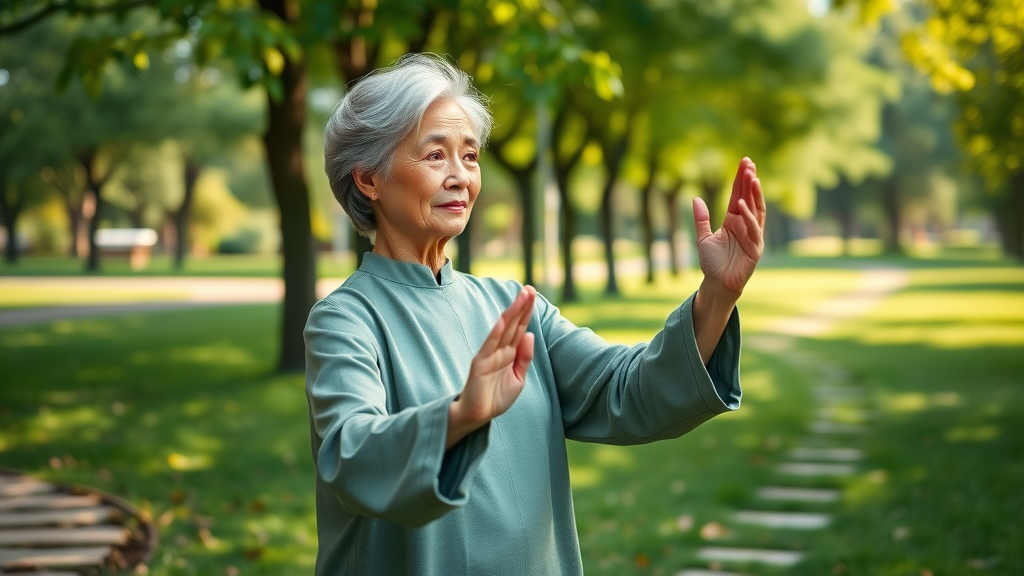 Senior woman practicing tai chi in a tranquil park. Tai chi as an exercise guide for women with rheumatoid arthritis.
