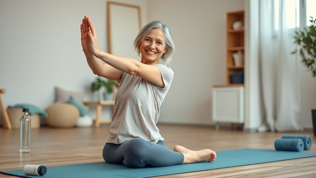 Middle-aged woman with rheumatoid arthritis holding stretch on yoga mat. Warm up and stretching for joint health.