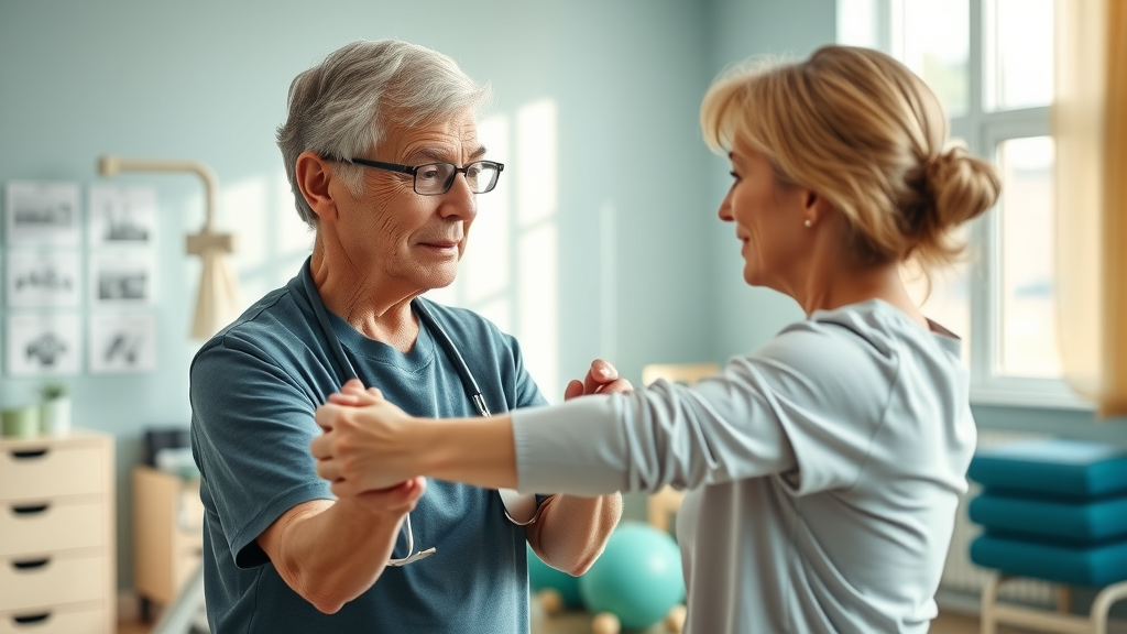 Supportive physical therapist helping woman with stretching for rheumatoid arthritis pain. Focus on gentle guidance and correct form.