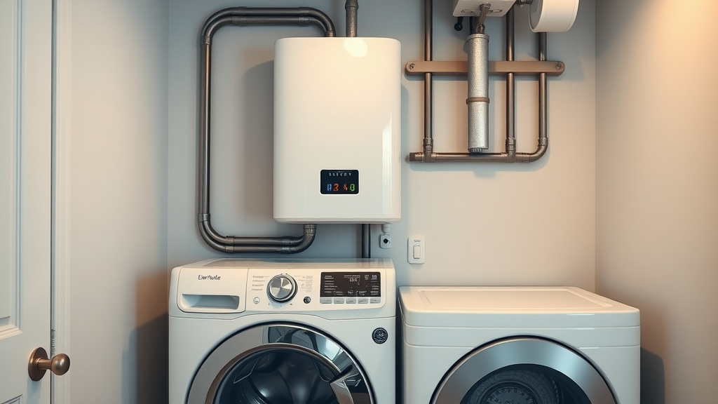 Modern tankless water heater installed by Walton County plumber in organized utility room